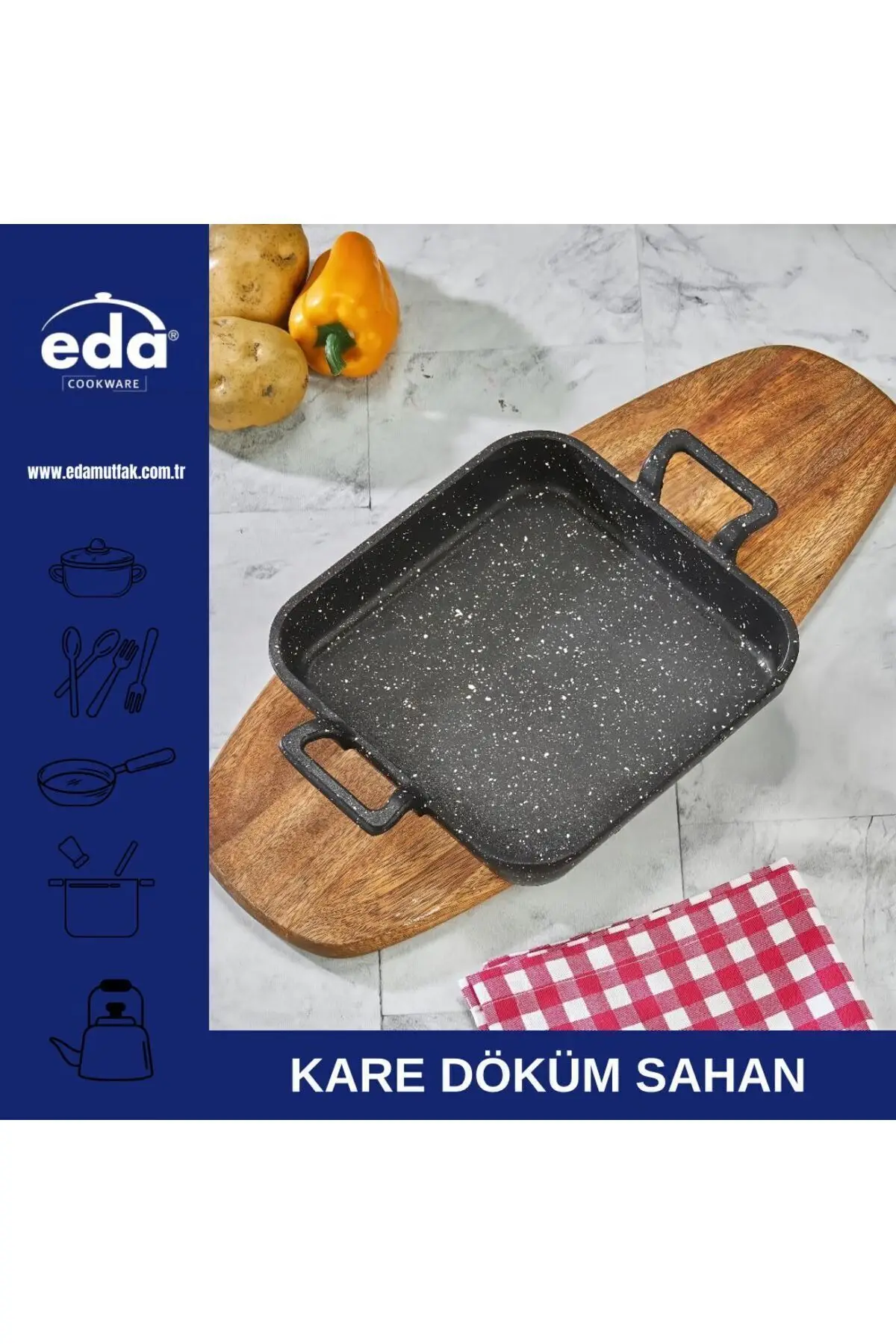 Eda granit döküm kare sahan tava - yanmaz yapışmaz 24 cm döküm kulplu